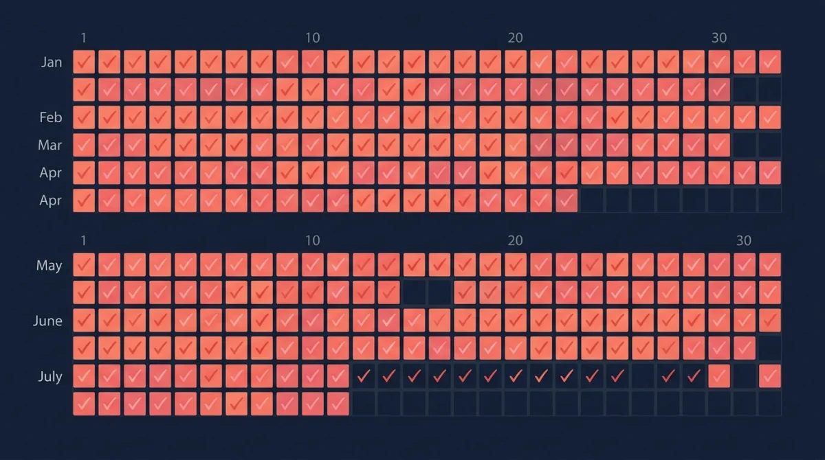 Calendar heatmap showing a journaling streak with one missed day and the streak continuing afterward