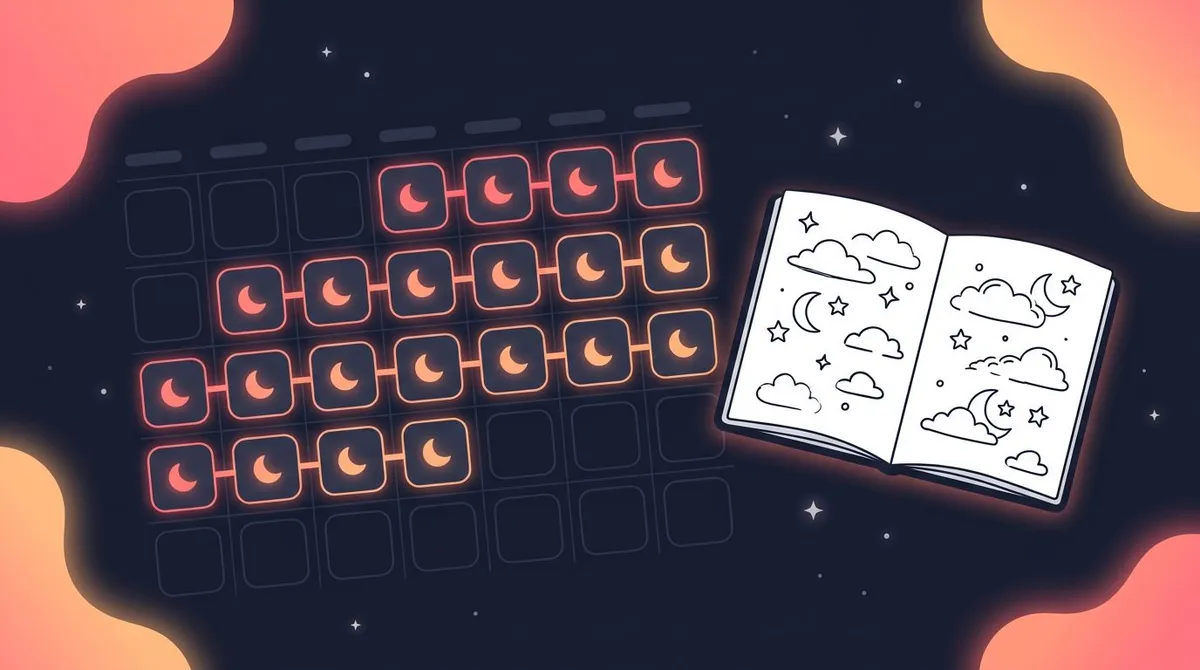 Calendar heatmap with glowing moon icons marking a dream logging streak beside an open dream notebook