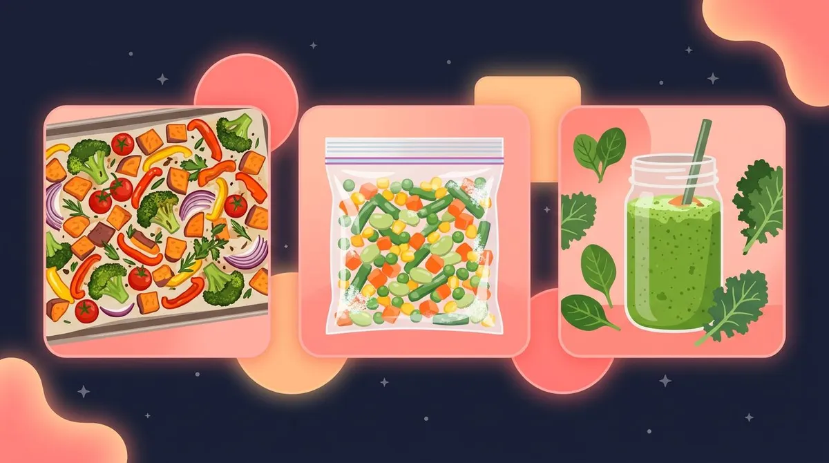 Weekly veggie prep scene: a sheet pan of roasted vegetables, a frozen veggie bag, and a green smoothie shown as rounded cards