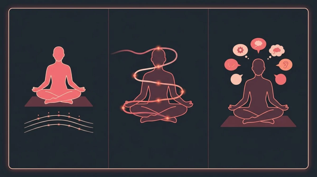 Three beginner meditation techniques compared — breath counting, body scan, and noting illustrated side by side