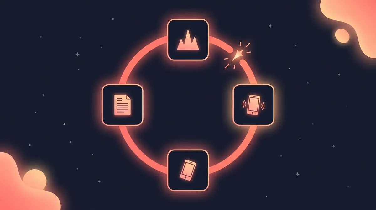 Diagram of the procrastination-anxiety loop as a coral glowing ring of four cards, with a bright 2-minute spark breaking the circle