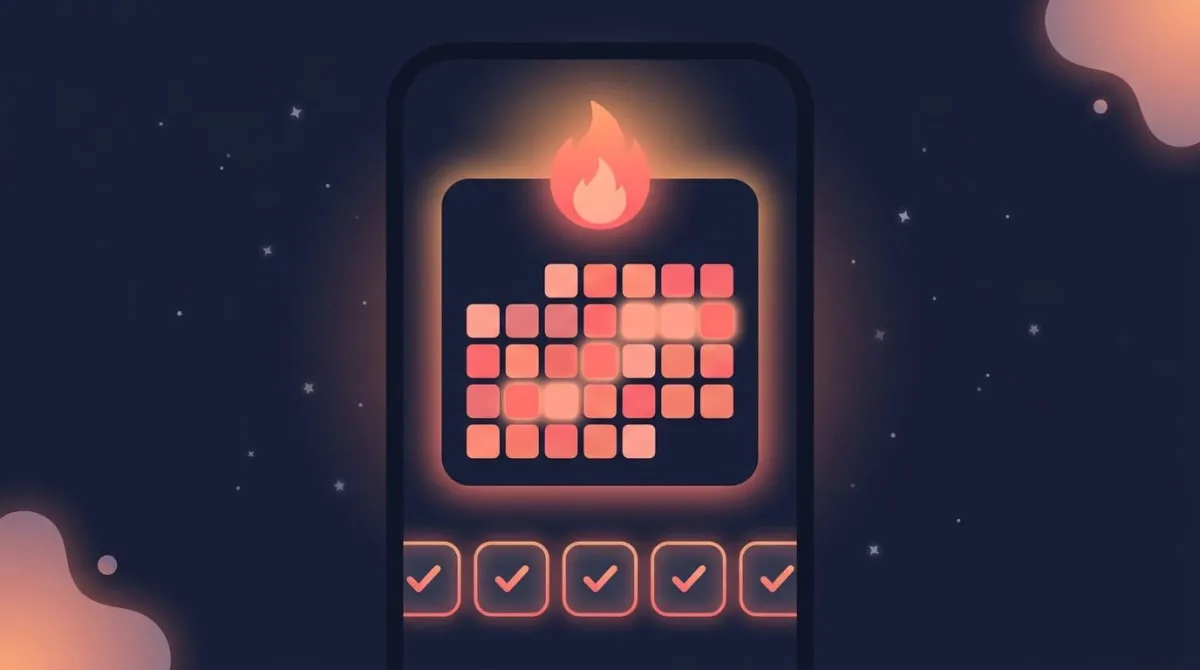 Habit tracker app screen showing a streak heatmap calendar with a glowing flame streak counter