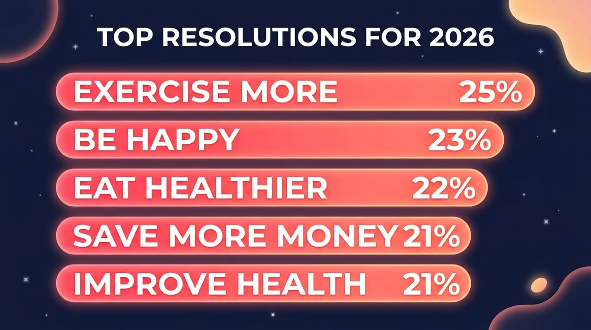 Top New Year's resolutions for 2026 per YouGov: exercise more 25%, be happy 23%, eat healthier 22%, save more money 21%, improve physical health 21%