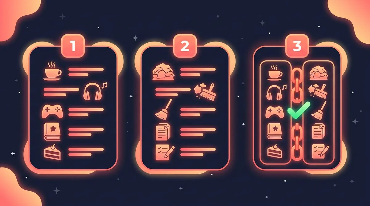 Three numbered cards showing how to build a temptation bundle: list pleasures, list chores, then link a pair together with a checkmark