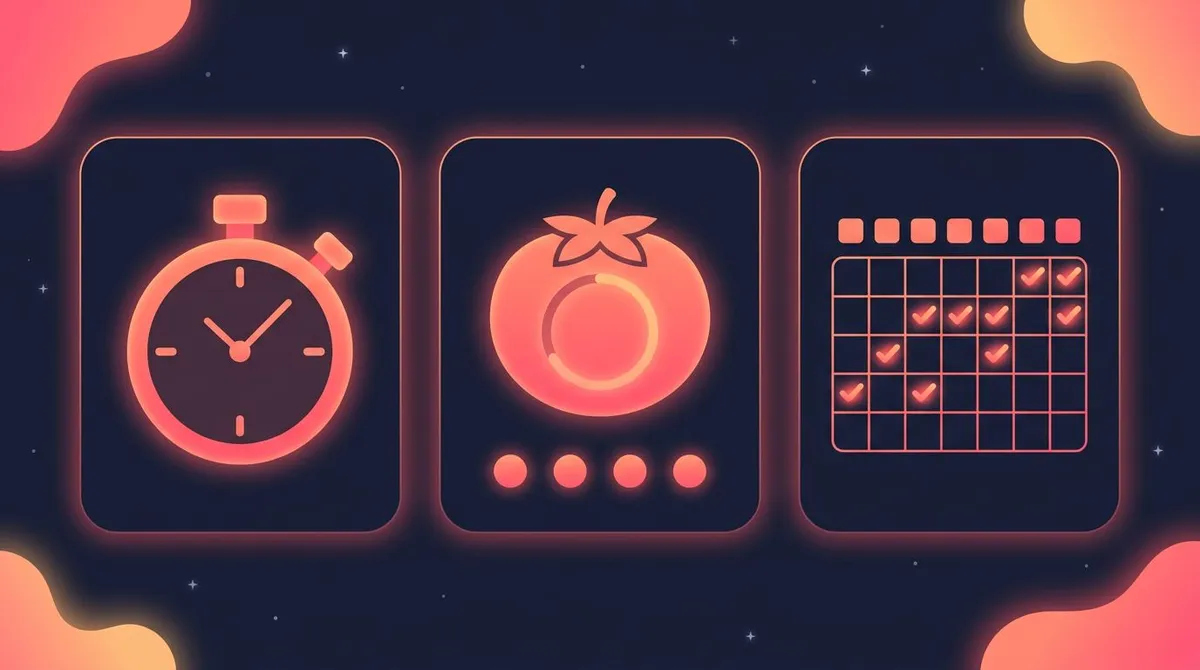 Three study tracking styles: a stopwatch for hours, a Pomodoro card for sessions, and a calendar grid for days