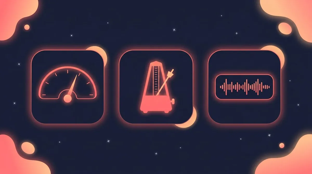 Music practice app tools: a tuner dial, a metronome pendulum and an audio recording waveform