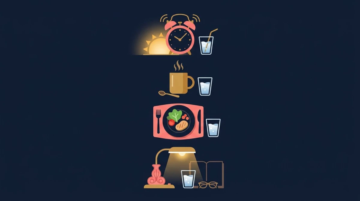 Four daily water anchors illustrated: wakeup, work start, lunch, and evening