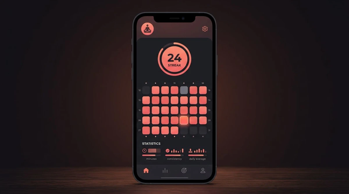 Meditation habit tracker on a phone showing a calendar heatmap with one missed day and the streak continuing