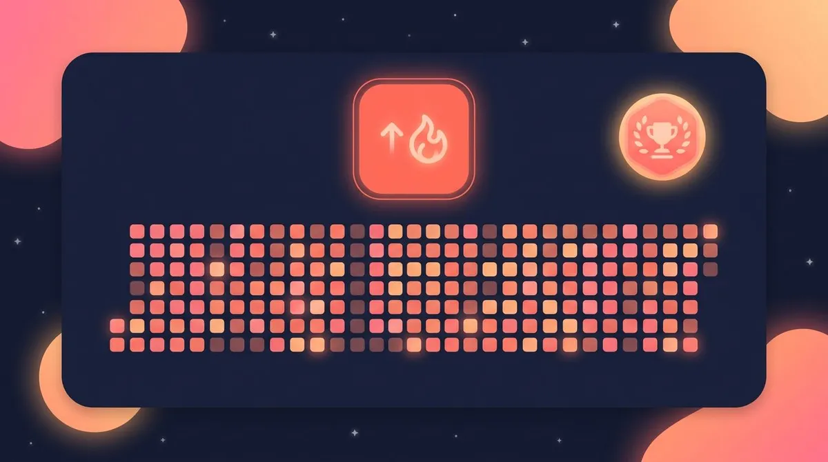 Habit tracker screen showing a contribution grid heatmap with current and longest streak counters