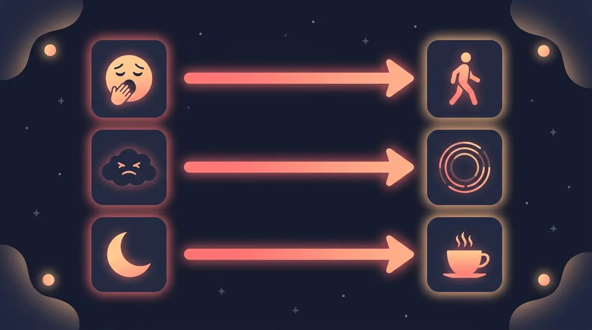 Cue to swap mapping showing boredom, stress, and nighttime snacking cues each routed to a healthier routine with the reward kept