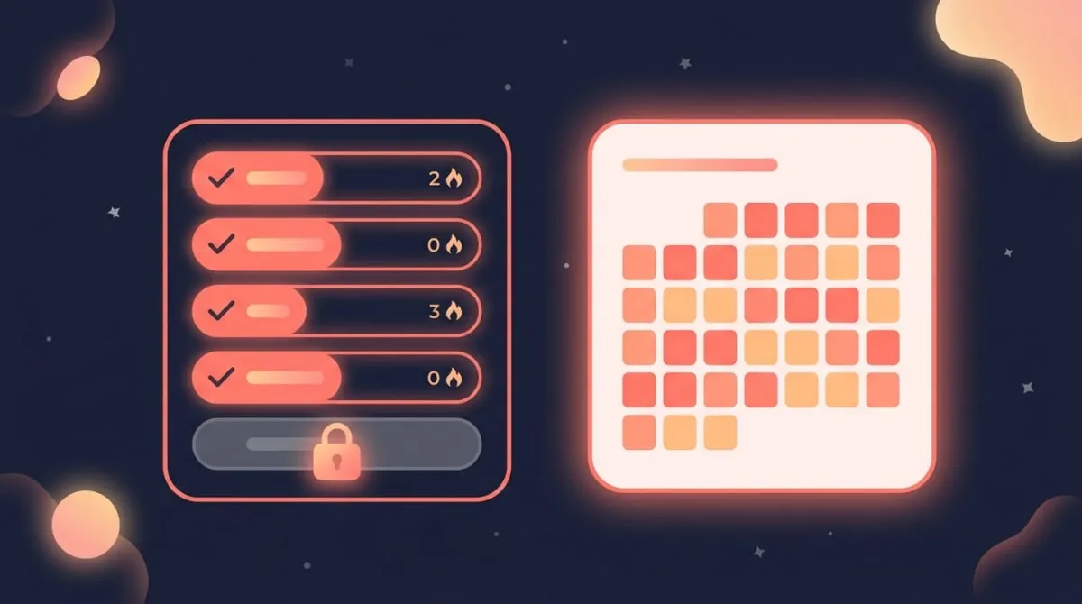 TickTick habit module limited to five habits next to a deeper dedicated habit tracker with a heatmap