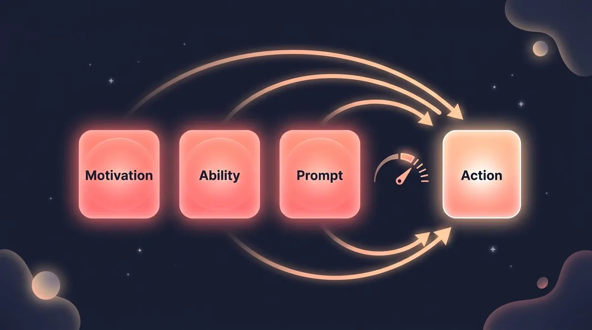 Infographic of BJ Fogg's behavior model showing motivation, ability, and prompt converging into action