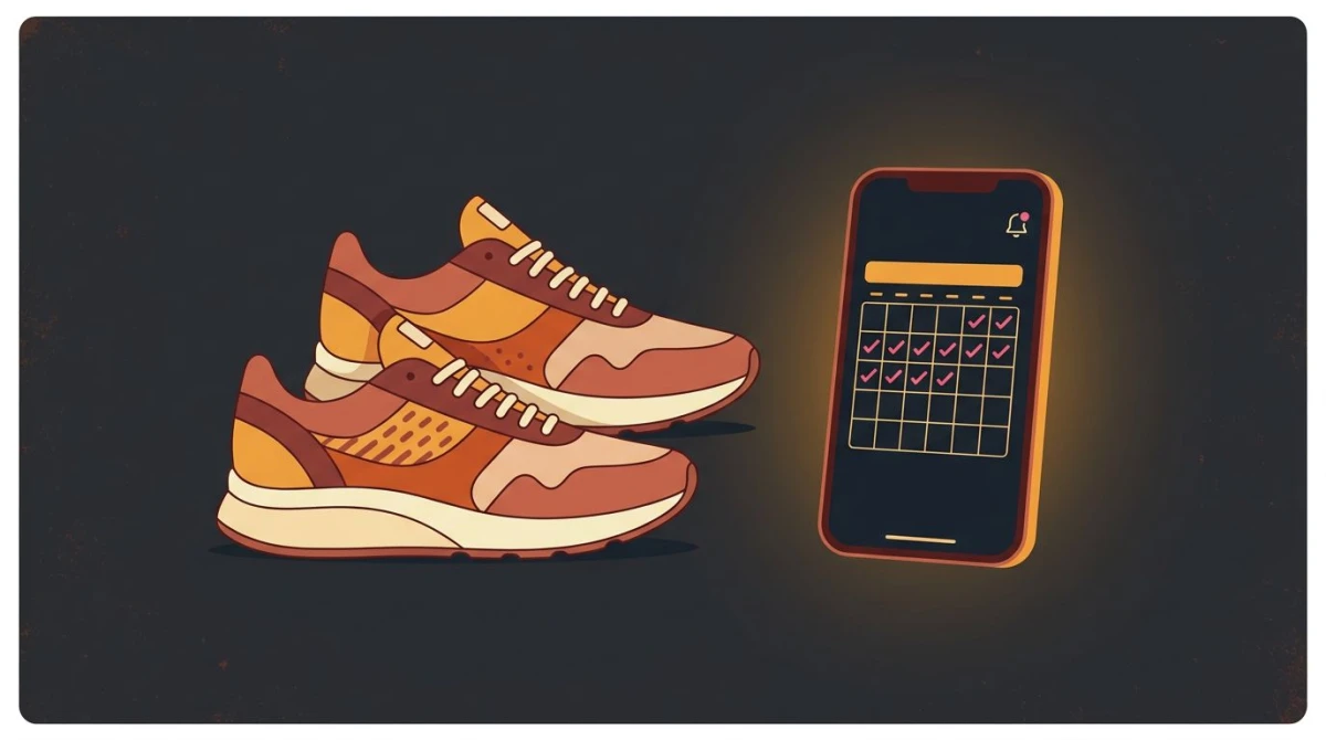 Running shoes next to a phone showing a streak calendar with checkmarks