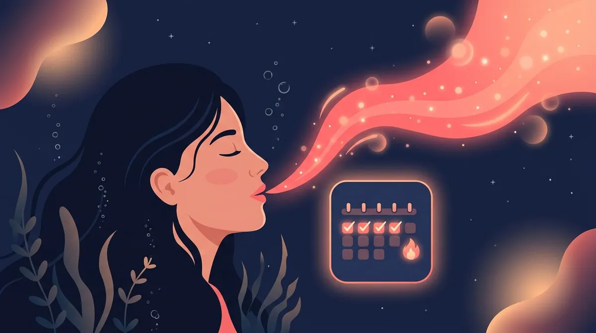Slow-exhale breathing technique for cold showers shown beside a streak-tracking calendar