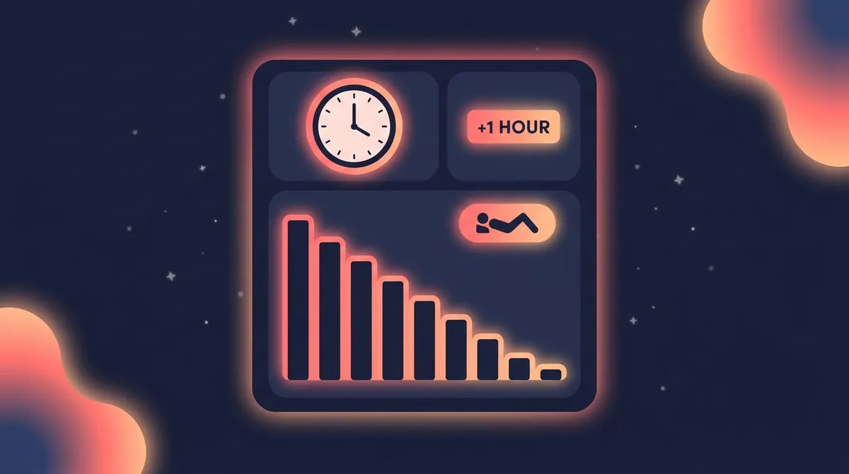 Illustration of a nightly routine repaying sleep debt with a fixed wake-time clock and a shrinking deficit chart