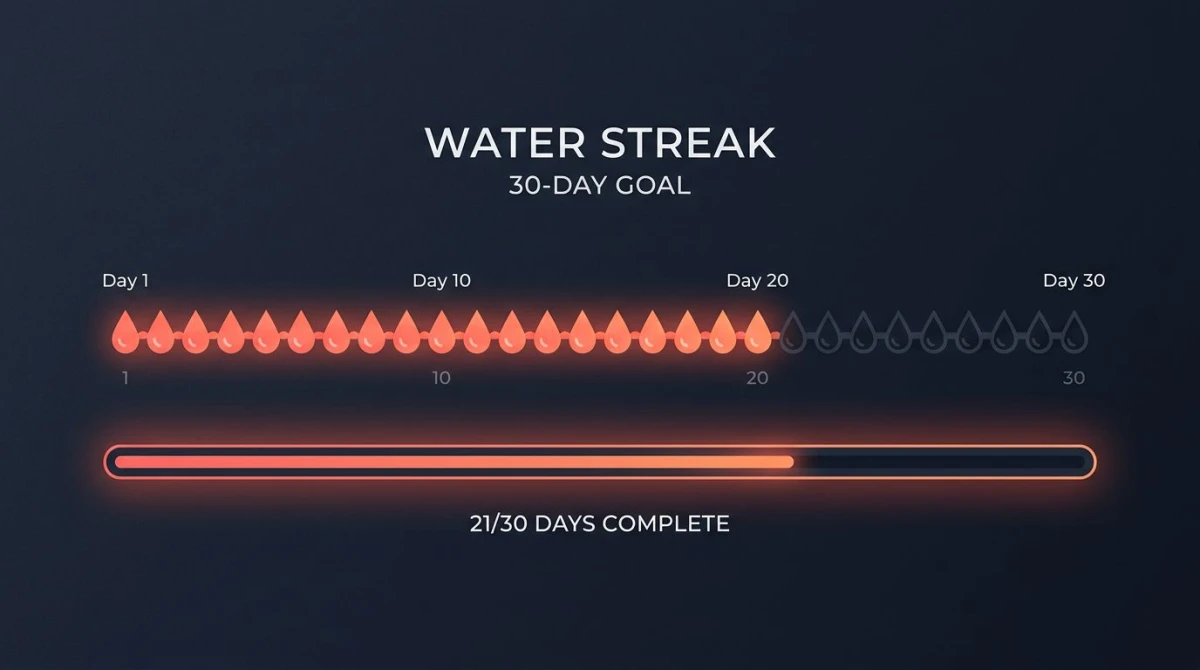 30-day streak chain visualization with water droplet icons