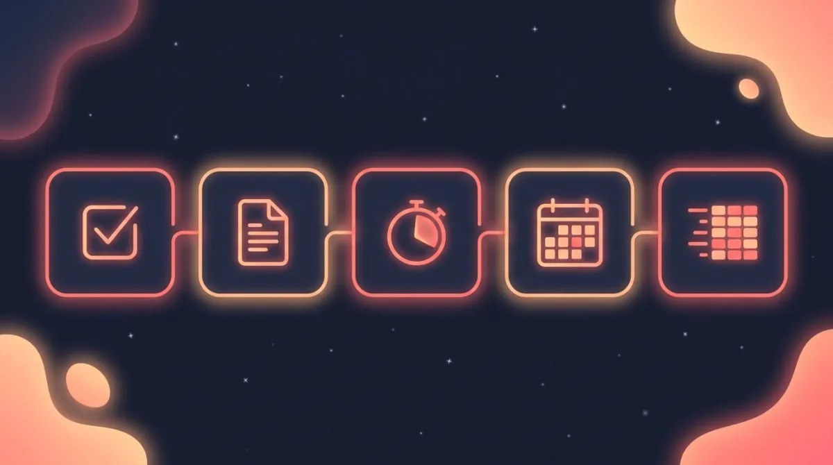 Five productivity categories shown as glowing connected cards: tasks, notes, focus, calendar, and habits