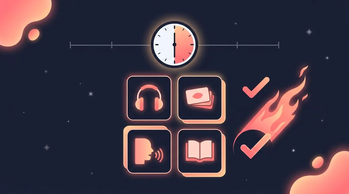 A daily 30-minute language routine broken into listening, flashcards, speaking, and reading blocks with a streak flame
