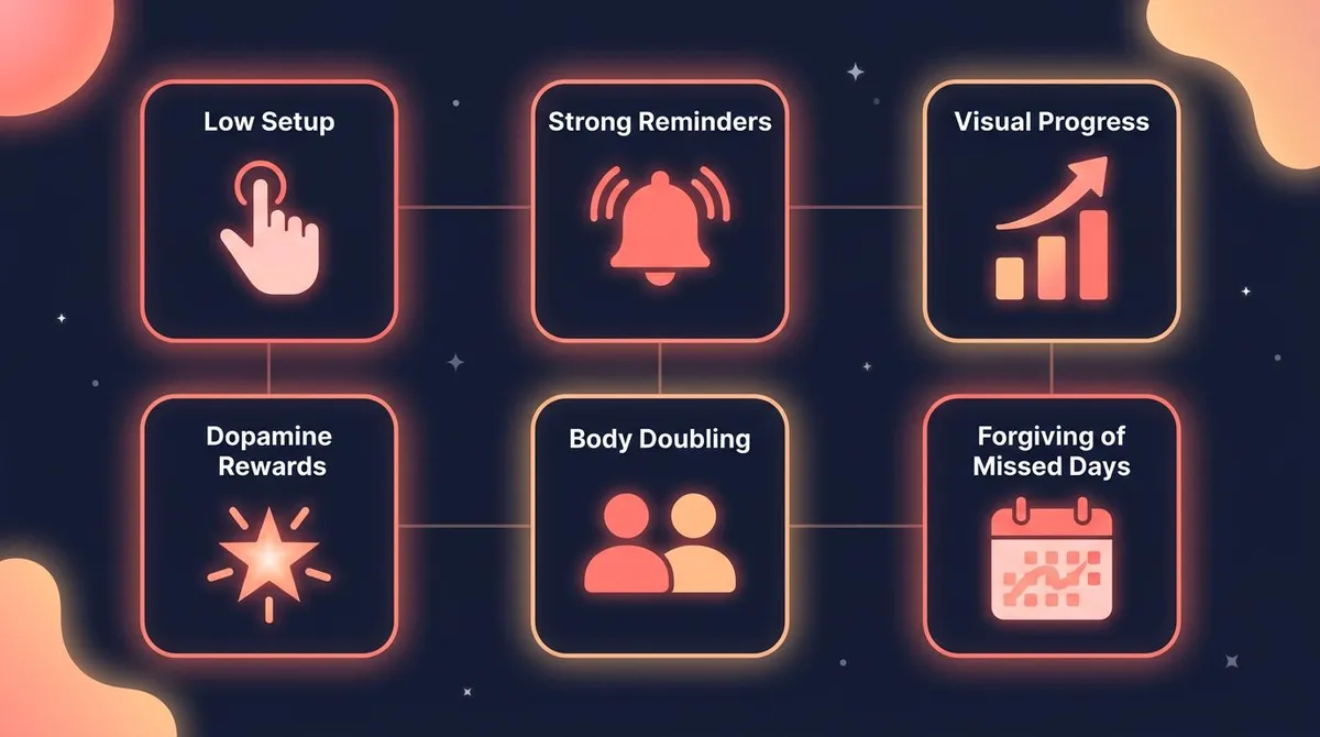 Six glowing cards showing what makes an app ADHD-friendly: low setup, reminders, visual progress, dopamine, body doubling, forgiving missed days