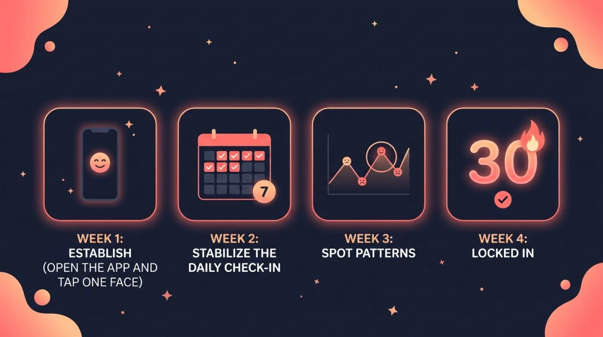 Mood tracker app 30-day starter plan infographic: 4 weekly milestones — week 1 establish (open the app and tap one face), week 2 stabilize the daily check-in, week 3 spot patterns, week 4 locked in 30-day streak