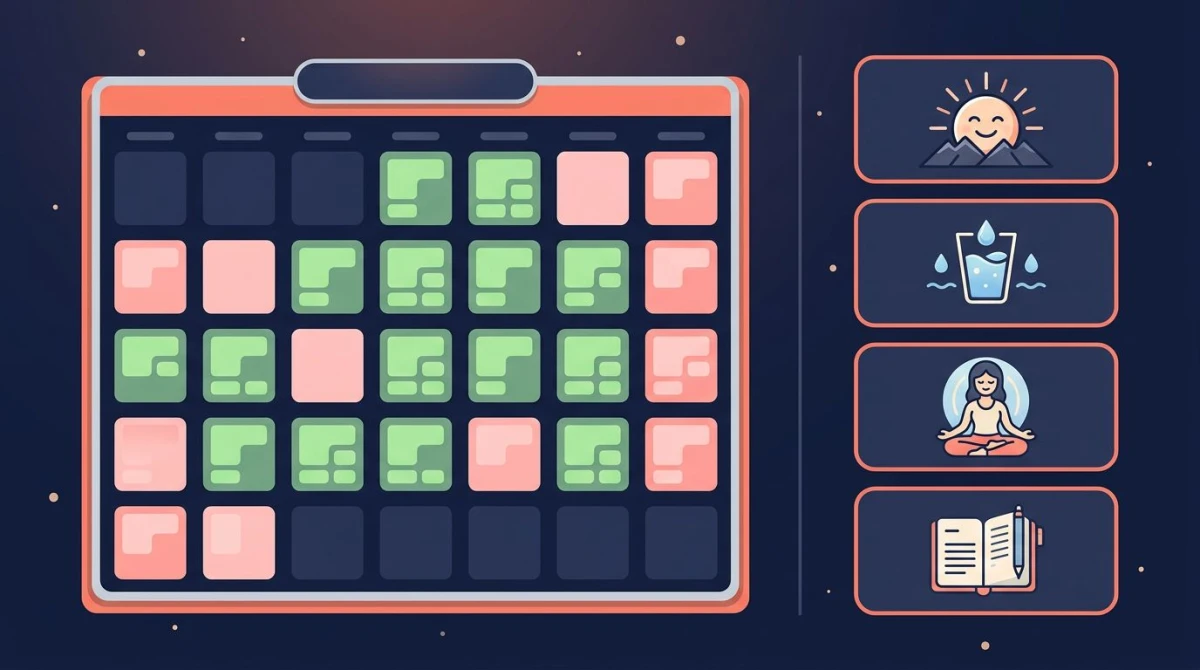 Calendar heatmap with stacked routine cards showing a daily habit stack