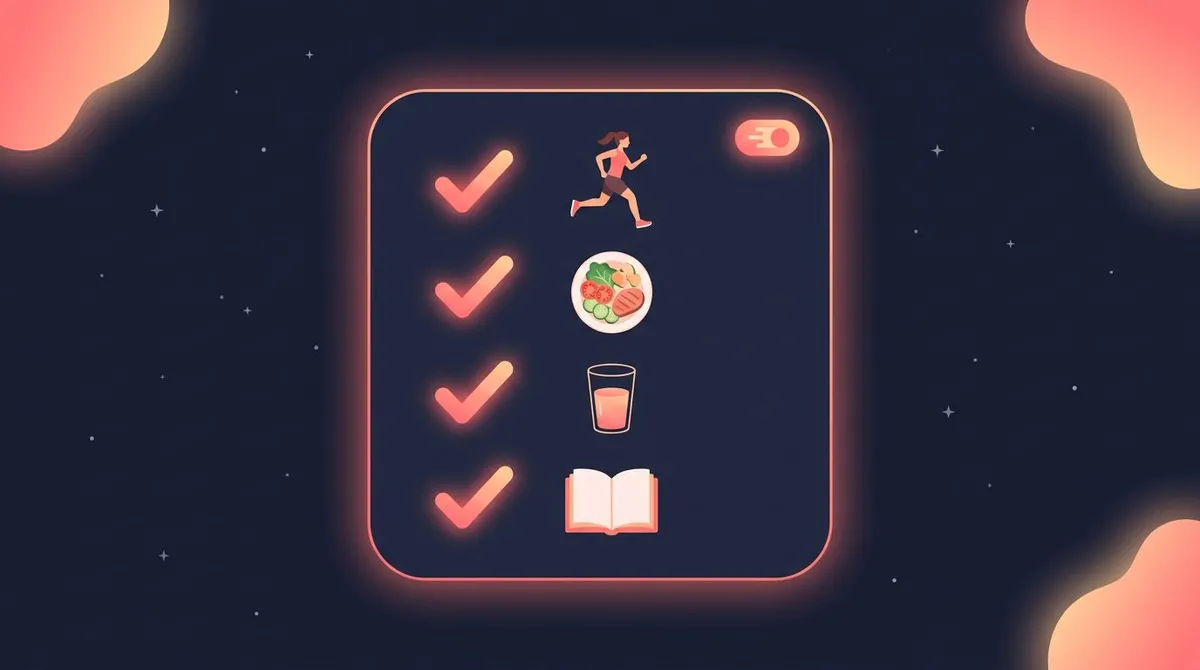 Flat illustration of a daily four-item 75 Soft checklist card with glowing checkmarks and a streak counter