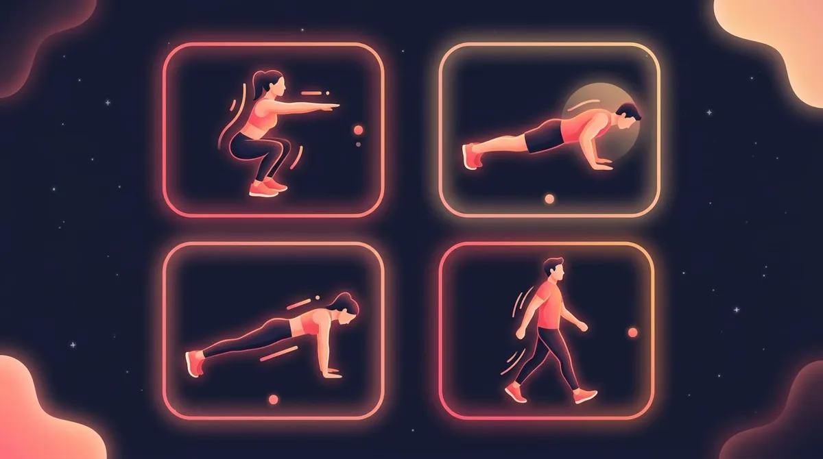 Four core bodyweight exercises shown as glowing cards — squat, push-up, plank, and walking — for a beginner workout plan