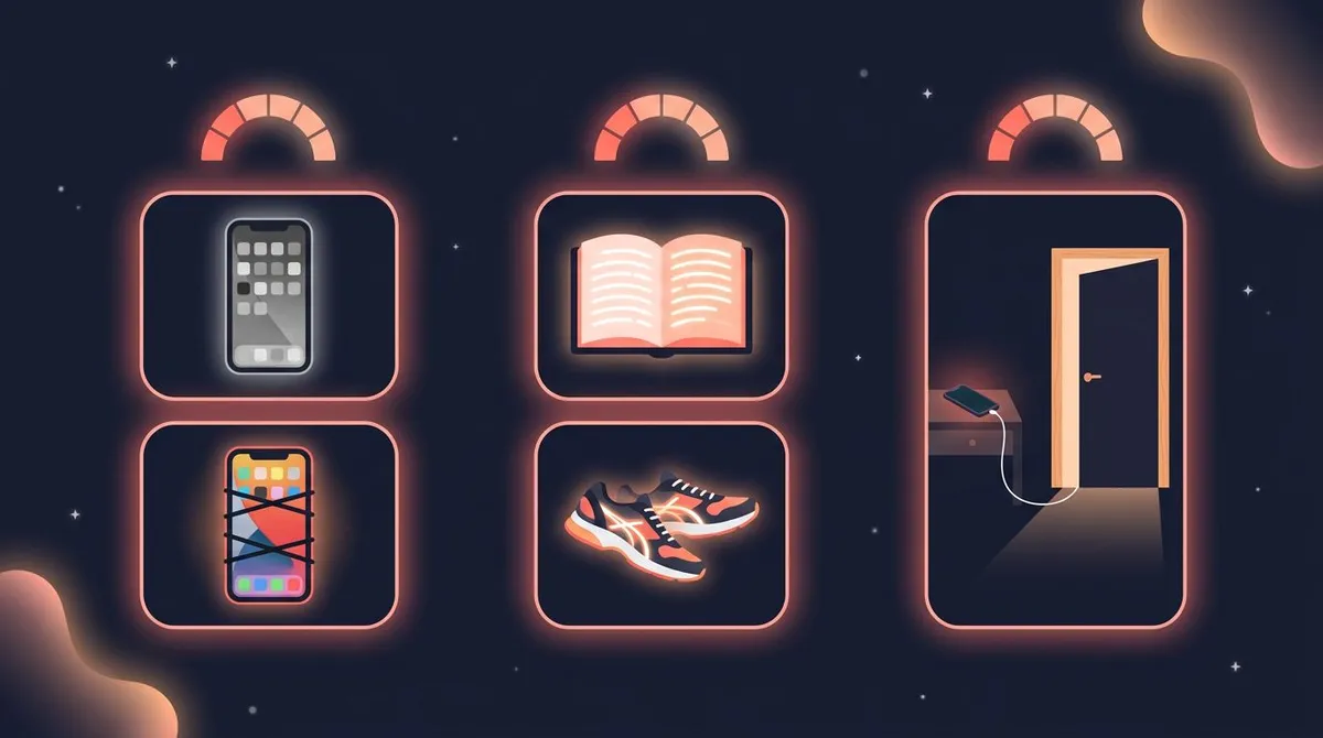 Three grouped columns of screen-time tactics as glowing cards — friction with a grayscale and rubber-banded phone, replacement with a book and running shoes, and boundaries with a phone charging outside a bedroom — reduce screen time