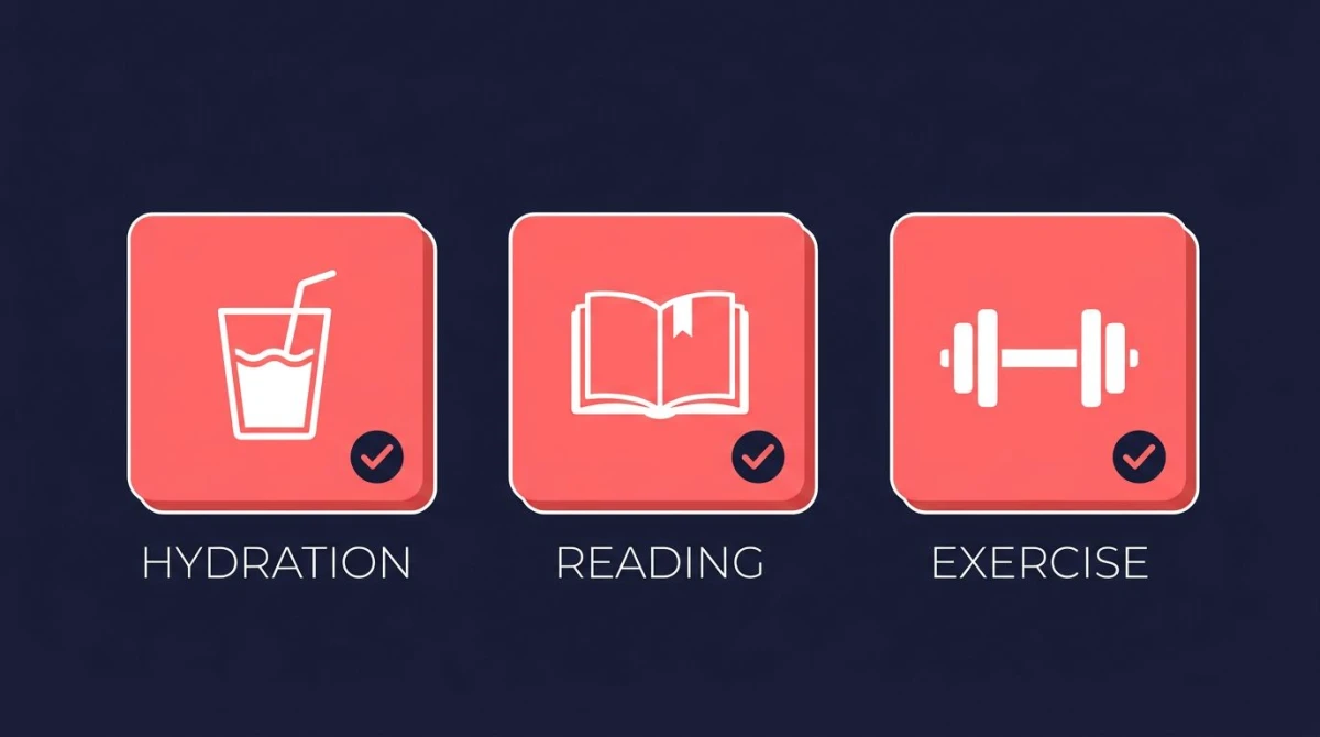 Three habit icons - water, book, dumbbell - lined up with checkmarks indicating daily completion