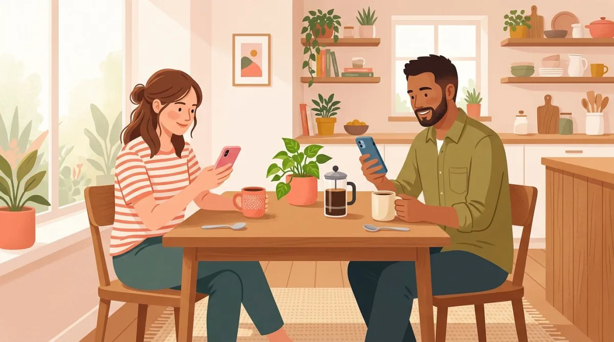 Couple sharing a Sunday morning weekly check-in for habit tracking with coffee mugs
