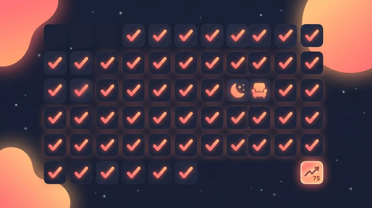 A 75-day calendar grid with soft coral checkmarks and a couple of gentle rest days, plus a streak counter badge