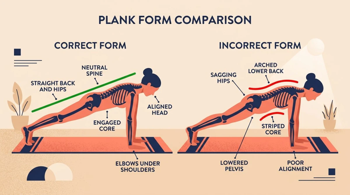 Side-by-side illustration of correct neutral spine plank form versus incorrect sagging hip plank form
