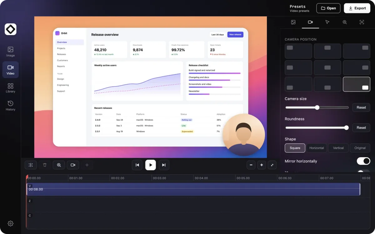 The ScreenSnap Pro video editor with a webcam overlay on a screen recording and the Camera settings