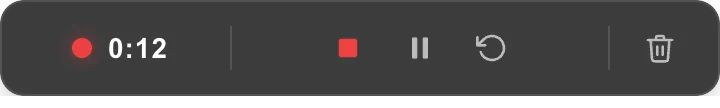 The ScreenSnap Pro recording controls on a Mac: a red dot with the timer, then the stop, pause, restart and delete buttons