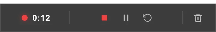 The ScreenSnap Pro recording controls on Windows: a timer with a red dot, Stop and save, Pause, Restart and Delete