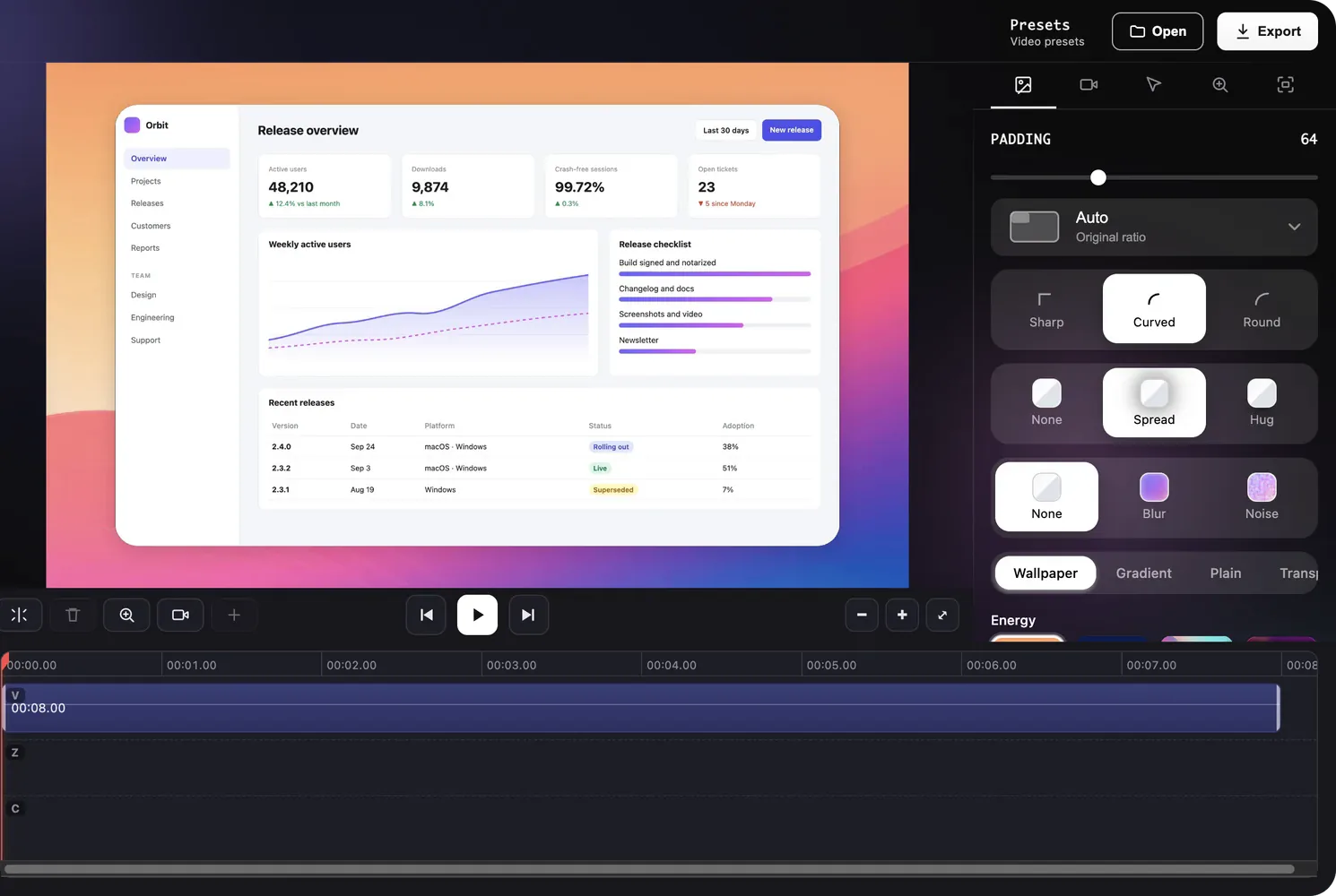 The video editor Background tab with padding, corners, shadow and wallpapers next to a styled screen recording
