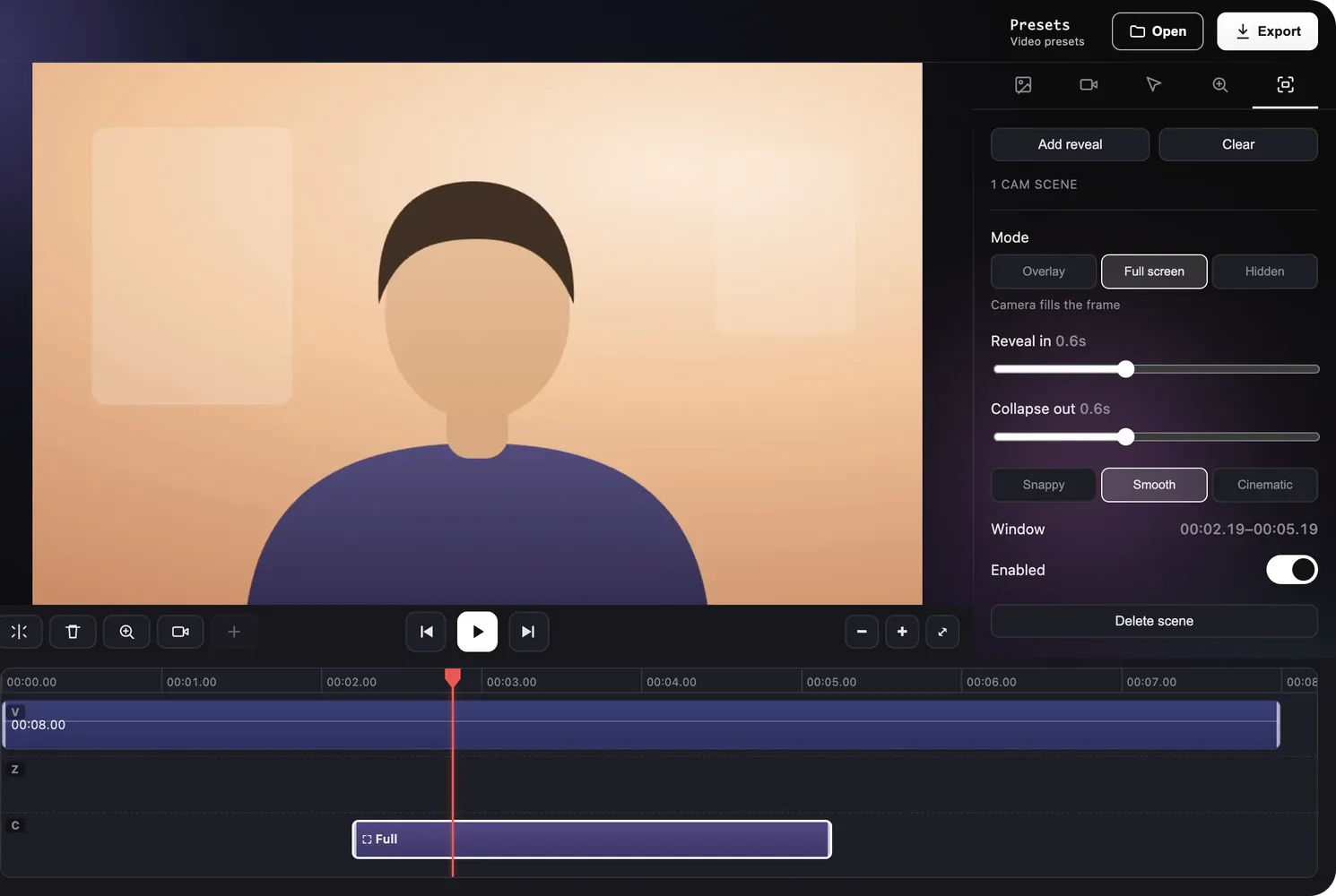 The ScreenSnap Pro video editor with the webcam filling the frame and the Cam scenes tab set to Full screen