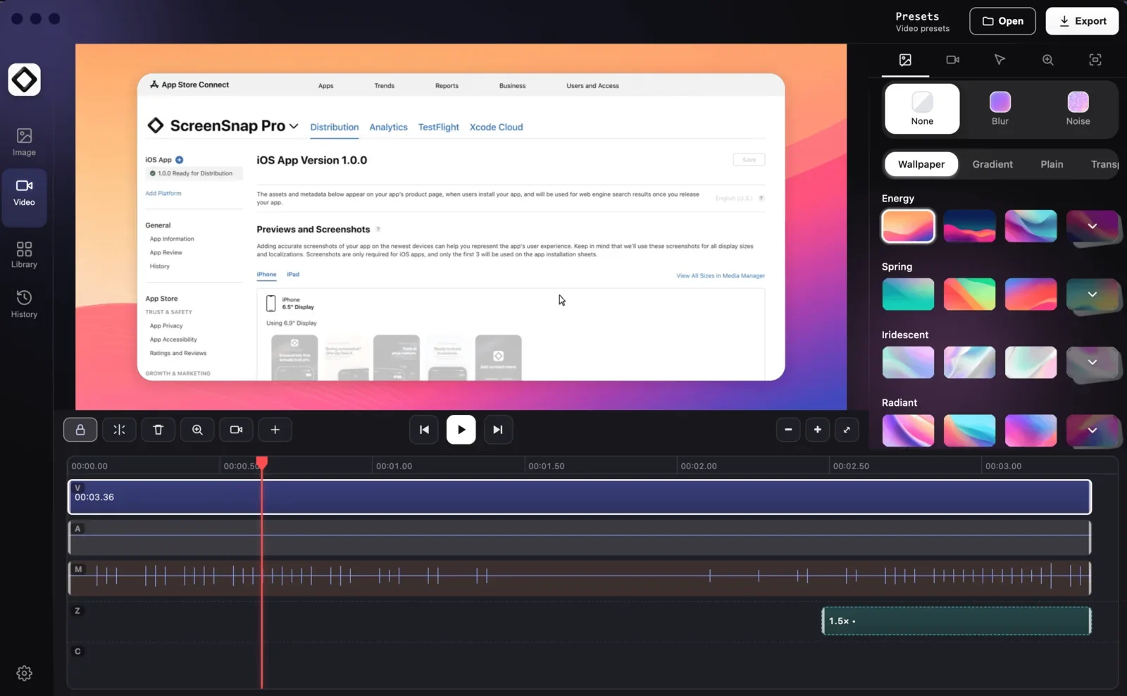 The ScreenSnap Pro video editor with a recording on a wallpaper and a timeline split into video (V), system audio (A) and microphone (M) lanes, with a zoom region on the Z lane