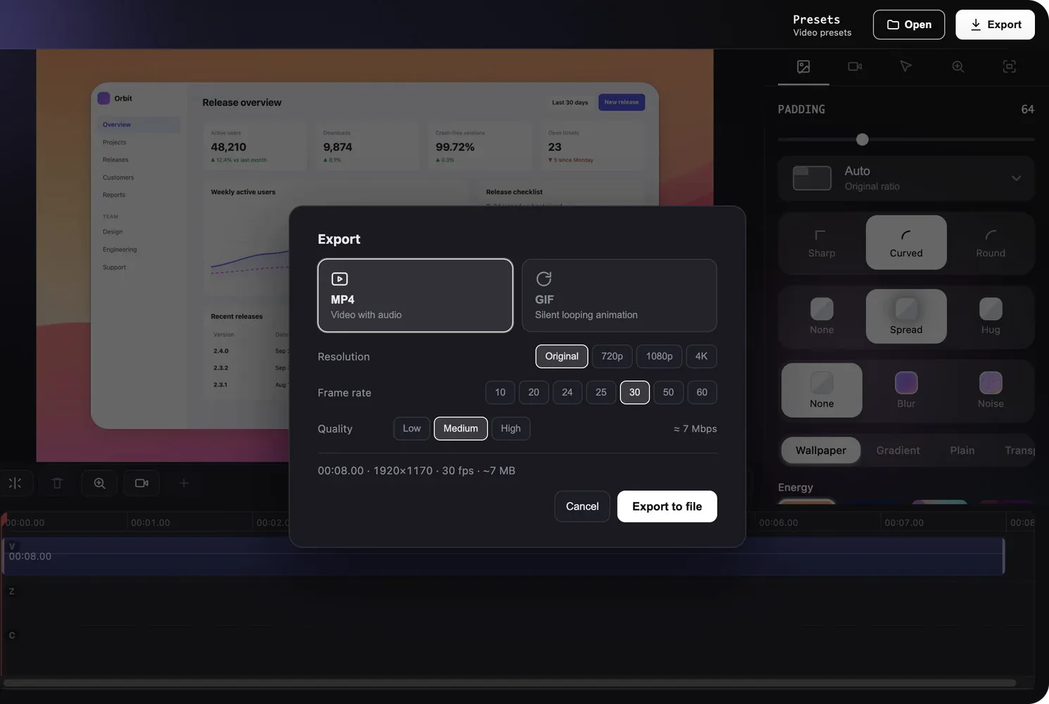 The video Export dialog with MP4 and GIF formats and the resolution, frame rate and quality options