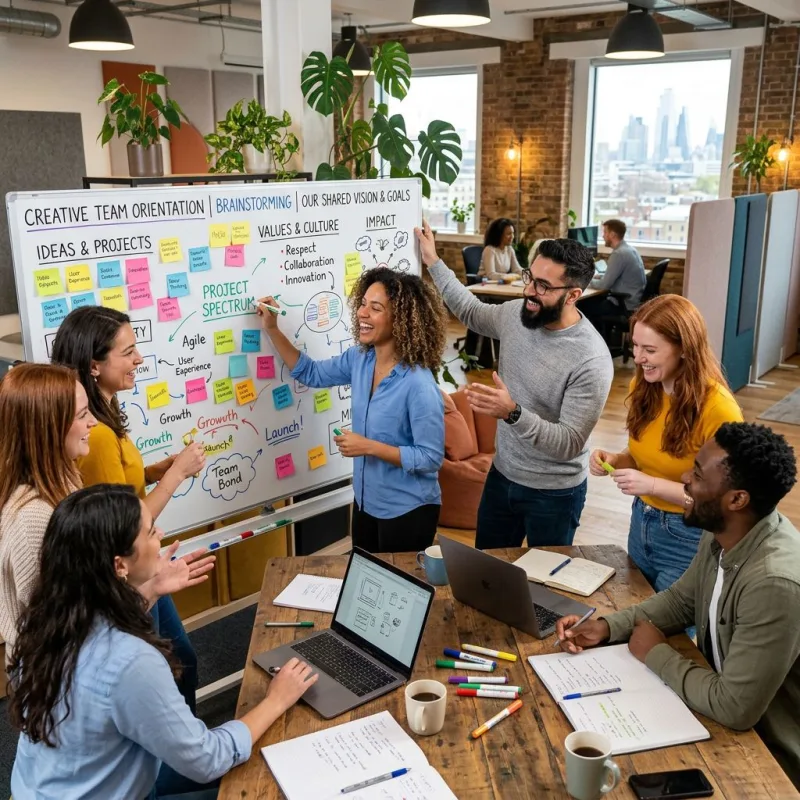 Creative team orientation activity with collaborative brainstorming