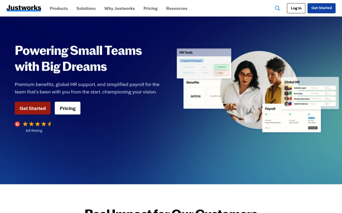 Justworks homepage showing its all-in-one PEO payroll and benefits platform for small teams