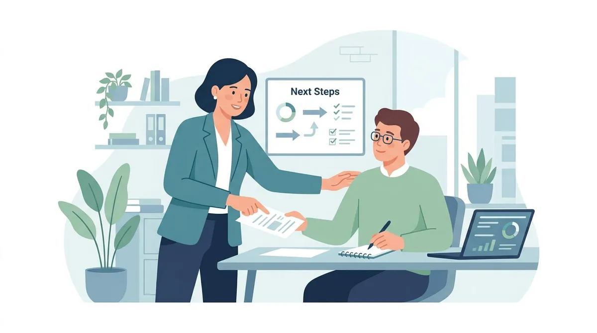 Leader providing constructive feedback while coaching a team member on next steps