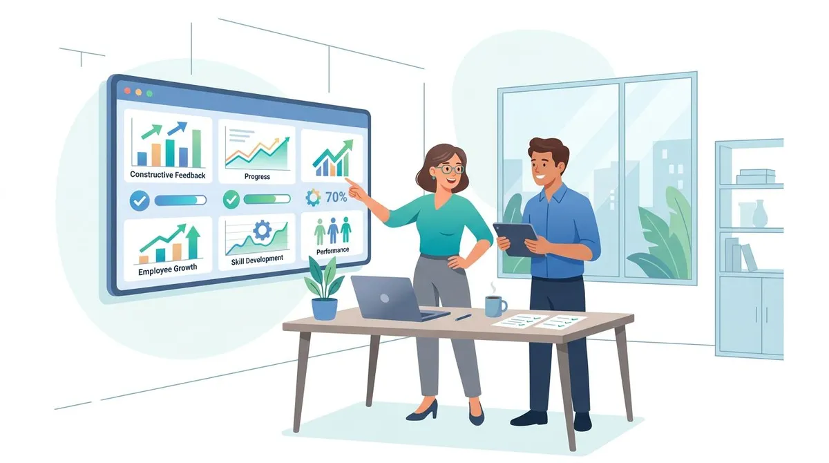 Manager reviewing constructive feedback progress and employee growth metrics
