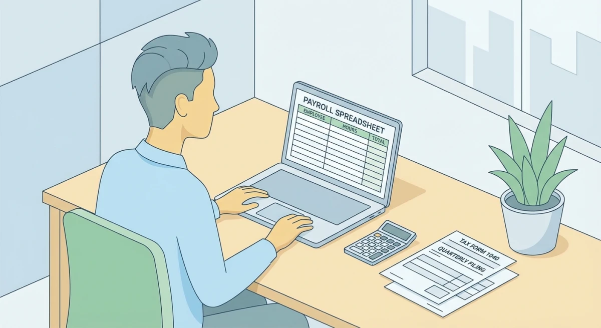 Small business owner managing payroll at their desk