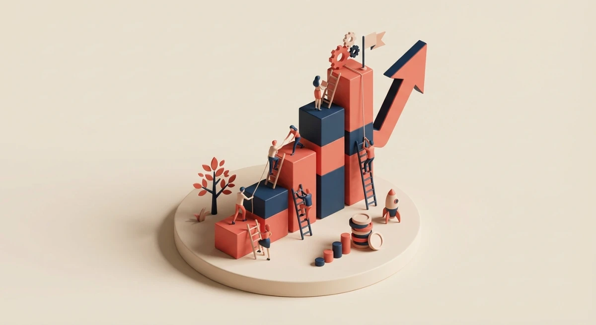 Growth metrics chart with people climbing bars