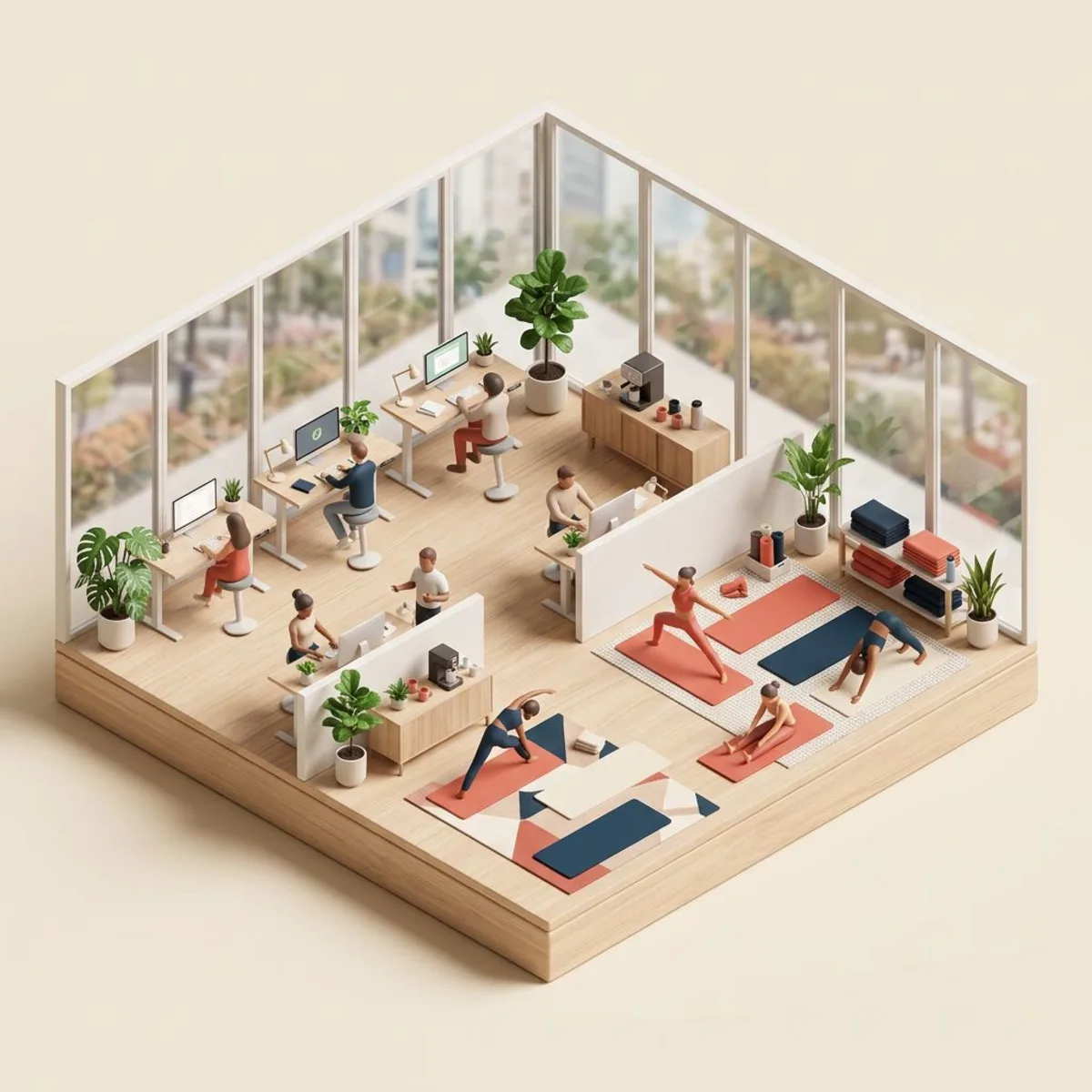 Employee wellness program ideas for small teams including yoga, standing desks, and mindful breaks