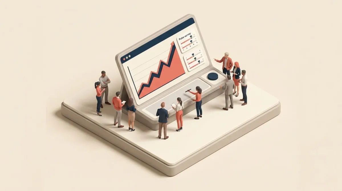 A team reviewing a dashboard with a rising trend line and pulse-survey scores to measure workplace communication effectiveness