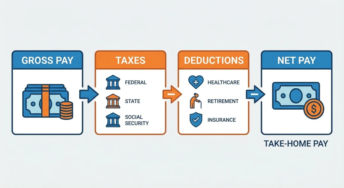 Payroll calculation breakdown showing gross pay to net pay