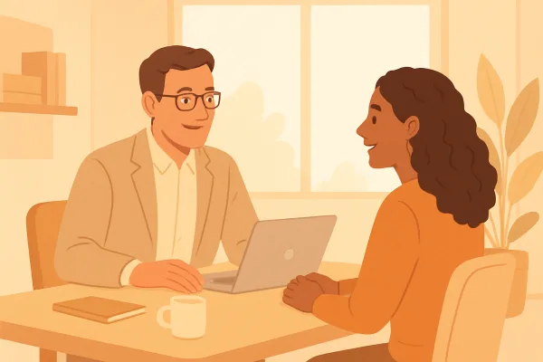 Manager having a supportive return-to-work check-in with employee in a bright modern office