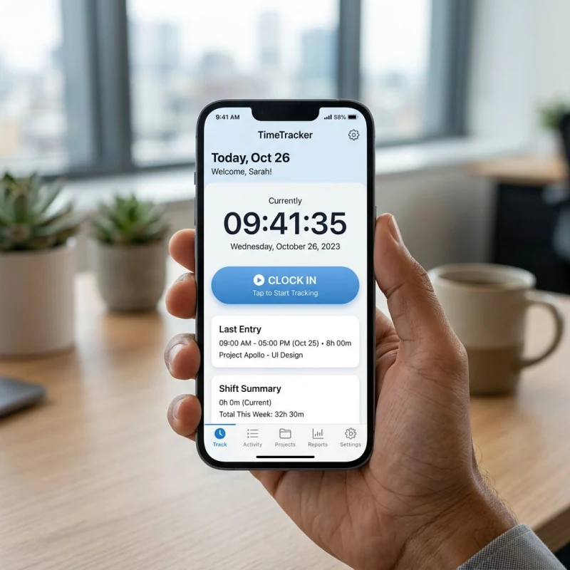 Time and attendance tracking mobile interface showing clock-in screen